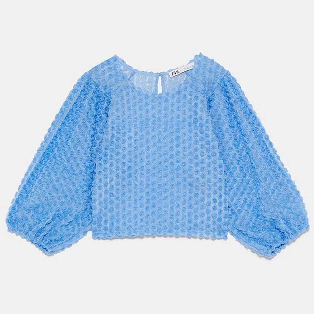 ZARA Loose Floral Organza Rosette Textured Cropped Blouse in Light Blue SZ S